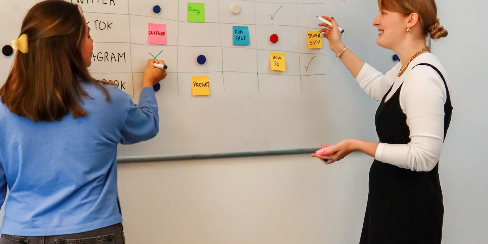 Two colleagues mapping out a role's competencies with sticky notes on a whiteboard
