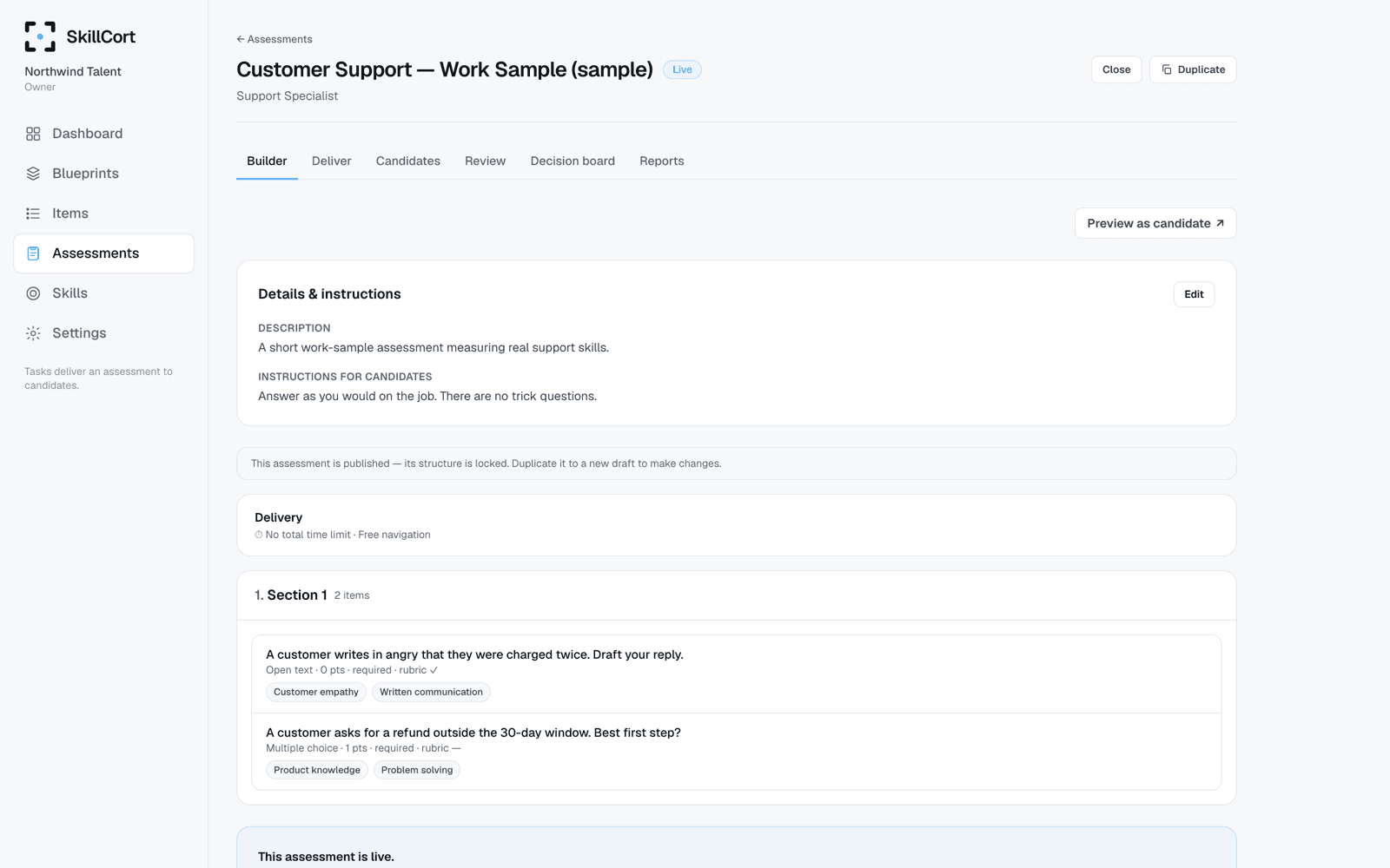SkillCort Assessment Builder showing a role-based assessment structure