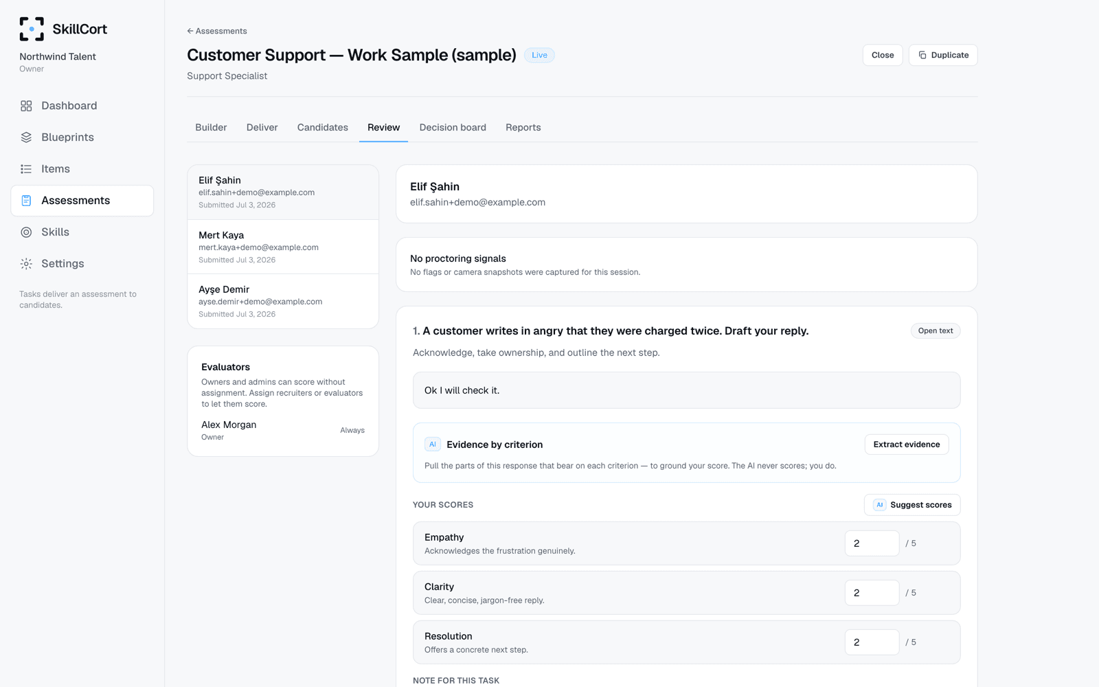SkillCort evidence review workspace showing a candidate response and rubric-based evaluation